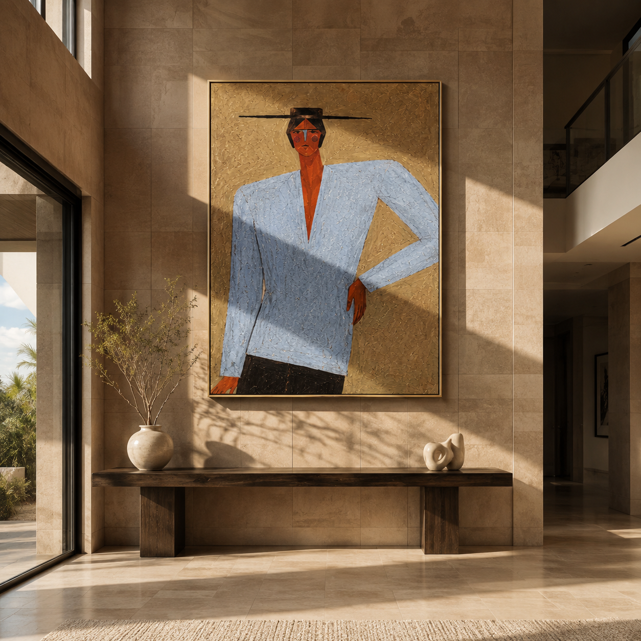 Blue Suit Stands Sharp - blue suit standing figure by Marcus Lau, Retro Modern vertical wall art – styled room scene view 3