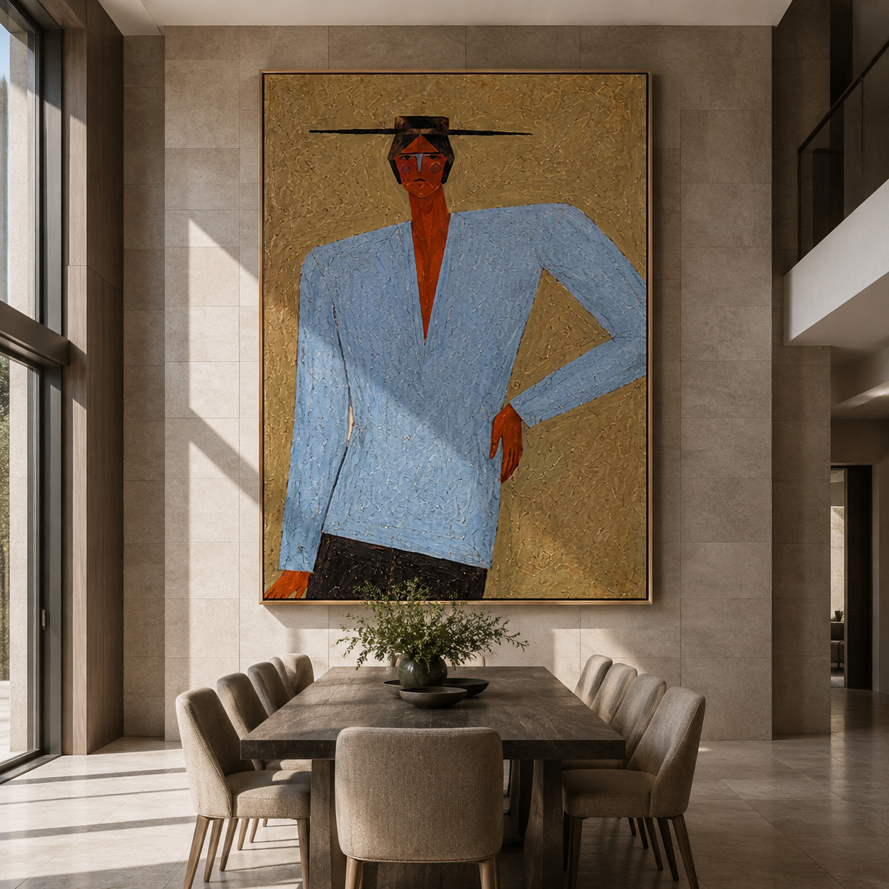 Blue Suit Stands Sharp - blue suit standing figure by Marcus Lau, Retro Modern vertical wall art – styled room scene view 4
