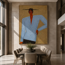 Blue Suit Stands Sharp - blue suit standing figure by Marcus Lau, Retro Modern vertical wall art – styled room scene view 4