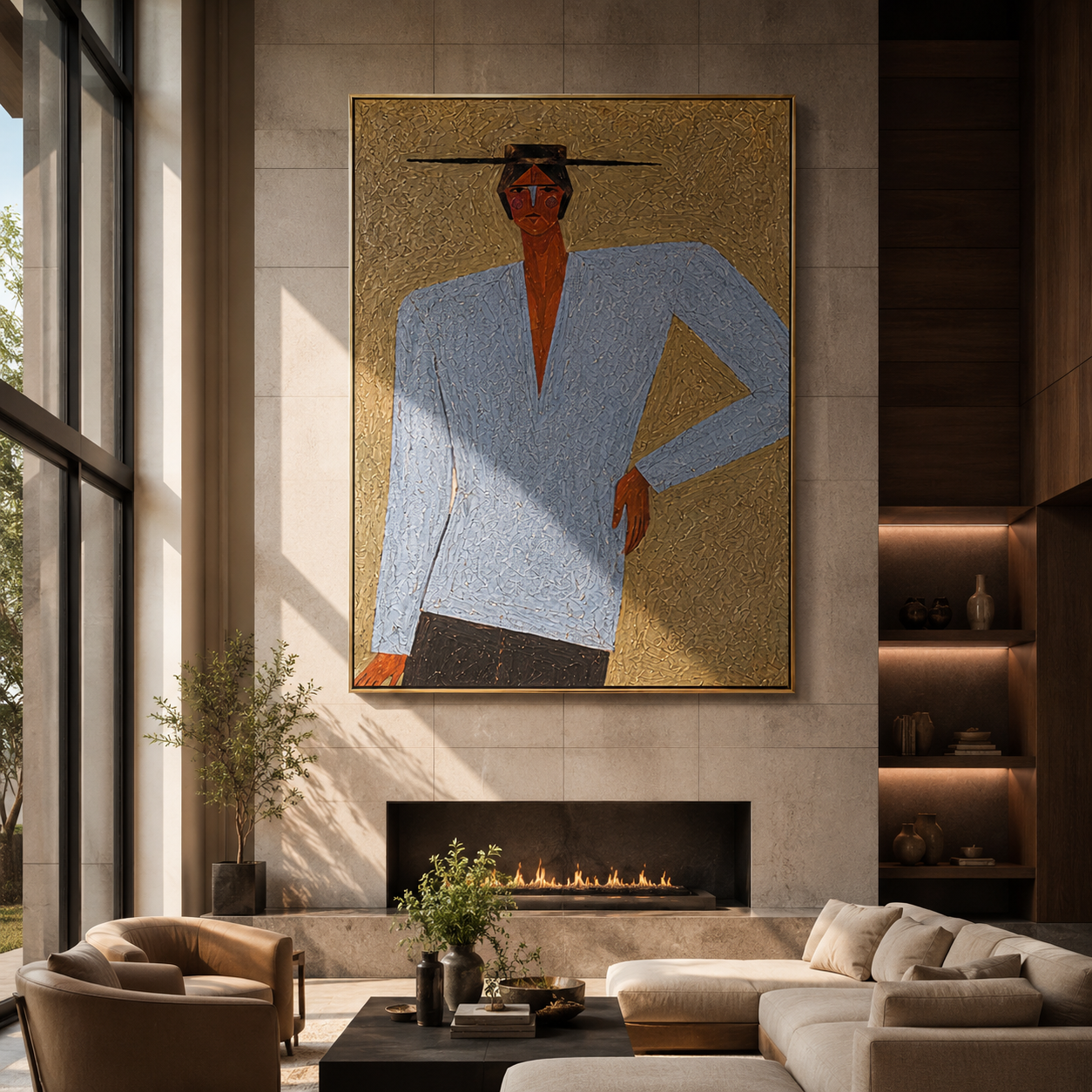 Blue Suit Stands Sharp - blue suit standing figure by Marcus Lau, Retro Modern vertical wall art – styled room scene view 5