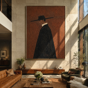 Black Cape Crosses Rust - black cape figure by Marcus Lau, Retro Modern vertical wall art – styled room scene view 1