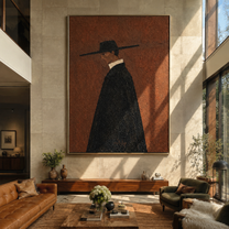 Black Cape Crosses Rust - black cape figure by Marcus Lau, Retro Modern vertical wall art – styled room scene view 1