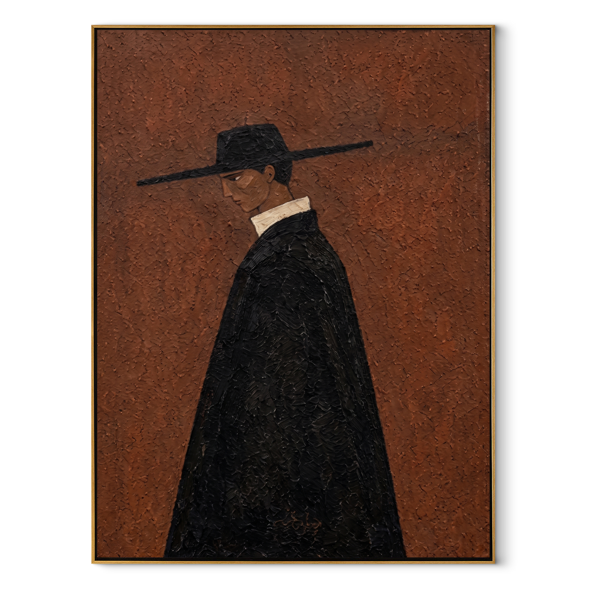 Black Cape Crosses Rust - black cape figure by Marcus Lau, Retro Modern vertical wall art – wood frame on white background