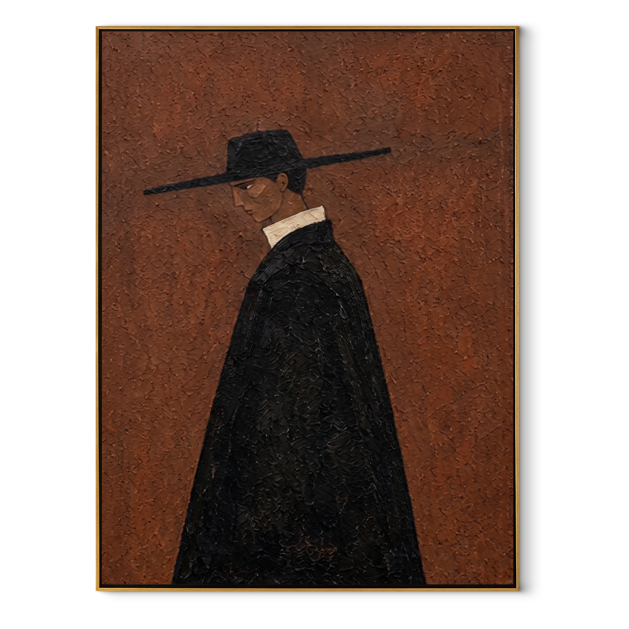 Black Cape Crosses Rust - black cape figure by Marcus Lau, Retro Modern vertical wall art – wood frame on white background