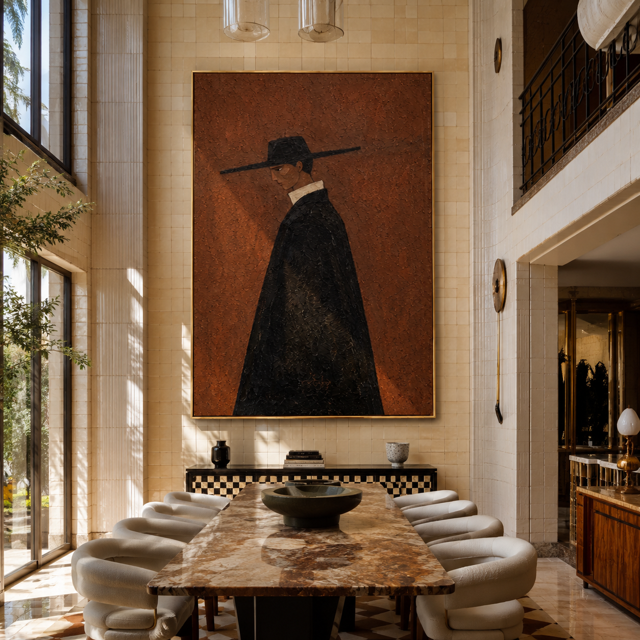 Black Cape Crosses Rust - black cape figure by Marcus Lau, Retro Modern vertical wall art – styled room scene view 2