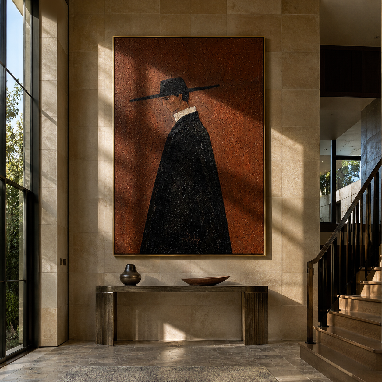 Black Cape Crosses Rust - black cape figure by Marcus Lau, Retro Modern vertical wall art – styled room scene view 3