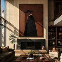Black Cape Crosses Rust - black cape figure by Marcus Lau, Retro Modern vertical wall art – styled room scene view 4