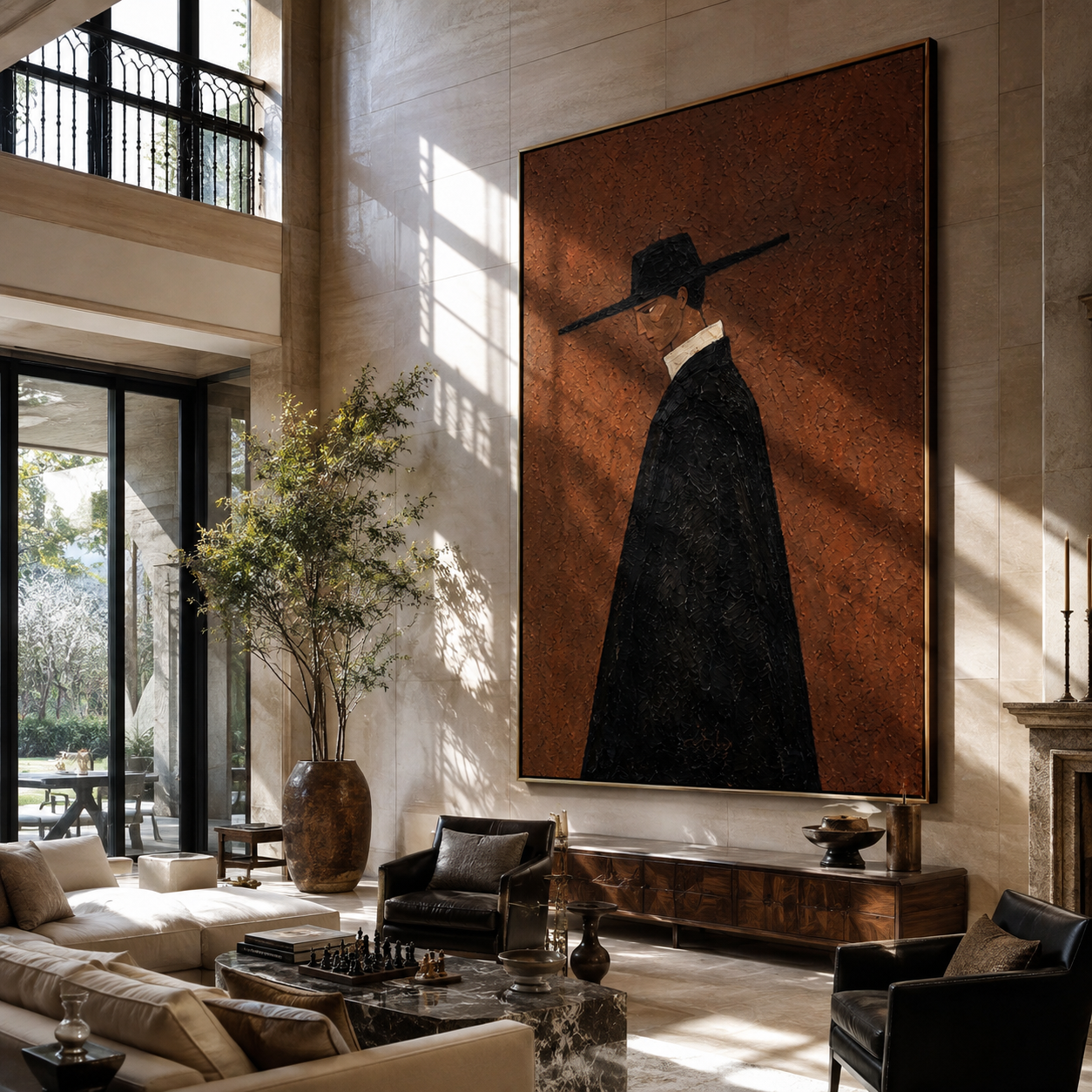 Black Cape Crosses Rust - black cape figure by Marcus Lau, Retro Modern vertical wall art – styled room scene view 5