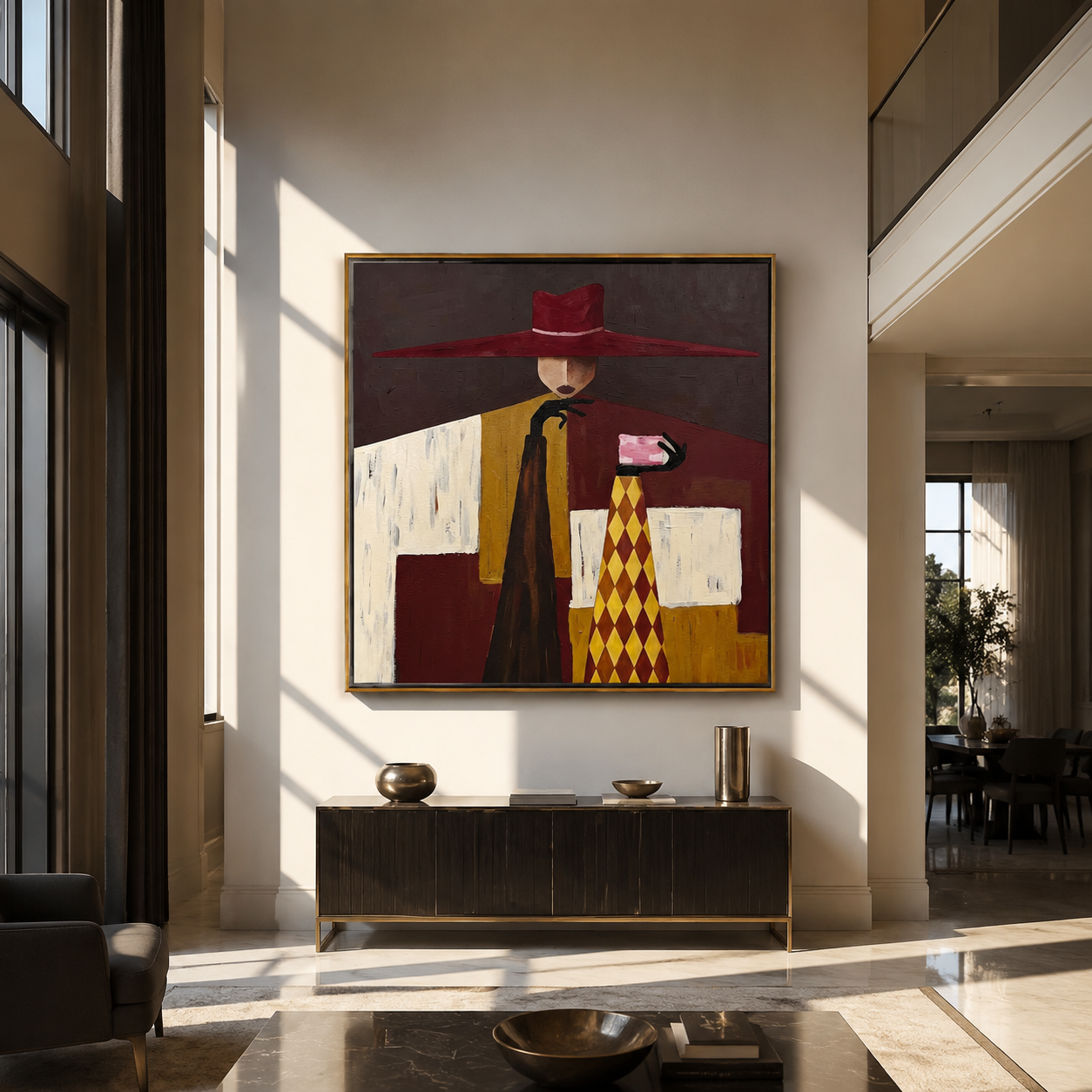 Burgundy Brim Serves Color - burgundy hat table figure by Marcus Lau, Retro Modern square wall art – styled room scene view 1