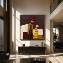 Burgundy Brim Serves Color - burgundy hat table figure by Marcus Lau, Retro Modern square wall art – styled room scene view 1