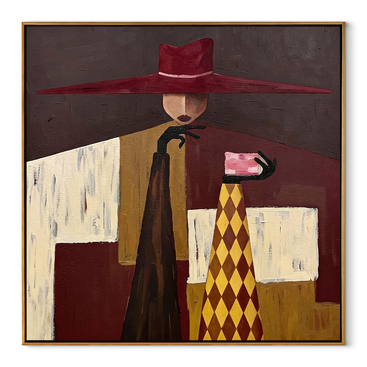 Burgundy Brim Serves Color - burgundy hat table figure by Marcus Lau, Retro Modern square wall art – wood frame on white background