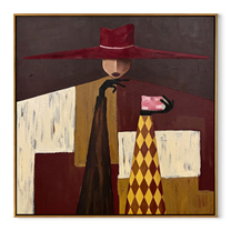 Burgundy Brim Serves Color - burgundy hat table figure by Marcus Lau, Retro Modern square wall art – wood frame on white background