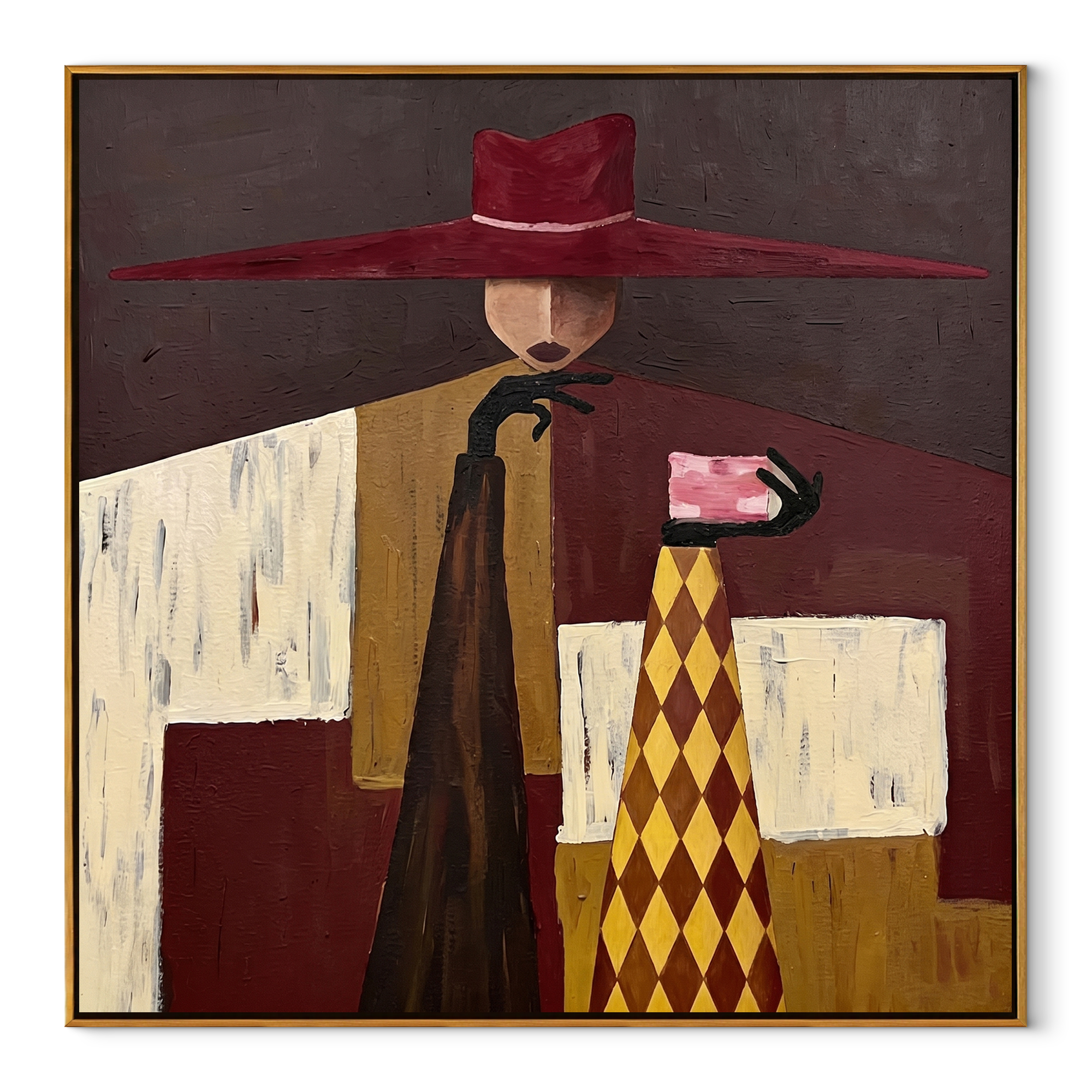 Burgundy Brim Serves Color - burgundy hat table figure by Marcus Lau, Retro Modern square wall art – wood frame on white background