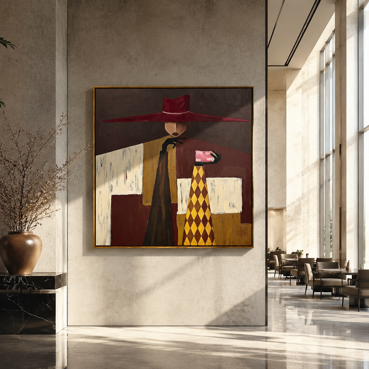 Burgundy Brim Serves Color - burgundy hat table figure by Marcus Lau, Retro Modern square wall art – styled room scene view 2