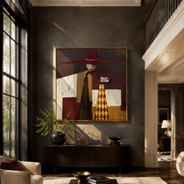 Burgundy Brim Serves Color - burgundy hat table figure by Marcus Lau, Retro Modern square wall art – styled room scene view 3