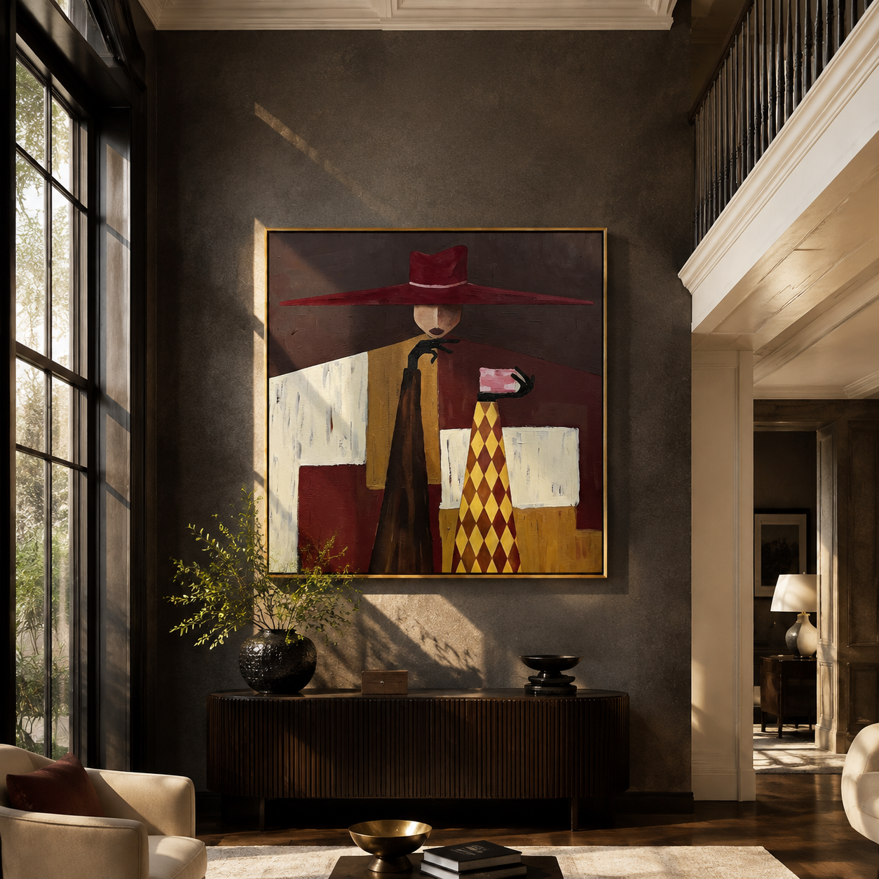 Burgundy Brim Serves Color - burgundy hat table figure by Marcus Lau, Retro Modern square wall art – styled room scene view 3