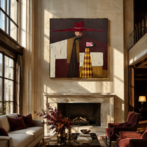 Burgundy Brim Serves Color - burgundy hat table figure by Marcus Lau, Retro Modern square wall art – styled room scene view 4