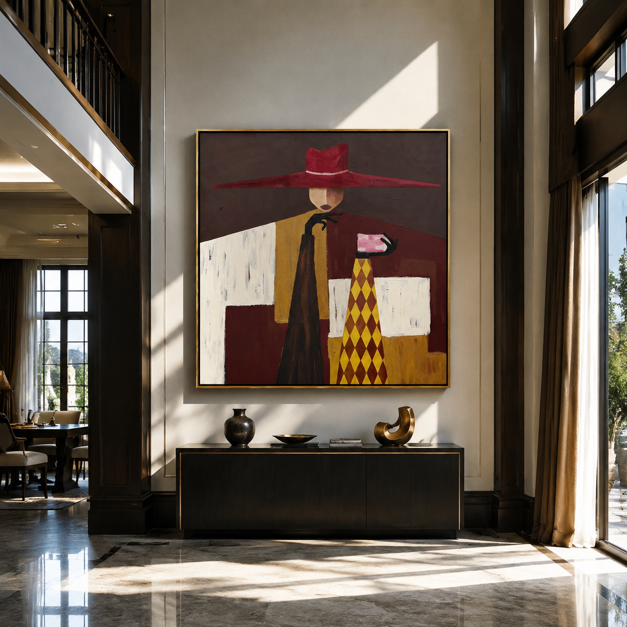 Burgundy Brim Serves Color - burgundy hat table figure by Marcus Lau, Retro Modern square wall art – styled room scene view 5