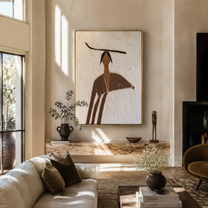 Brown Lines Shelter Ivory - brown robe woman by Marcus Lau, Retro Modern vertical wall art – styled room scene view 1