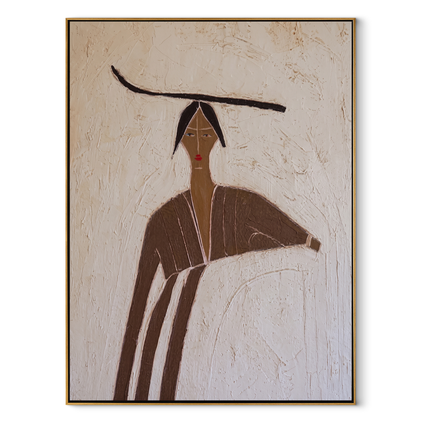 Brown Lines Shelter Ivory - brown robe woman by Marcus Lau, Retro Modern vertical wall art – wood frame on white background