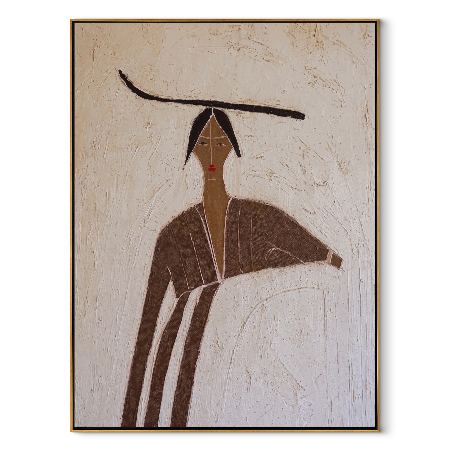Brown Lines Shelter Ivory - brown robe woman by Marcus Lau, Retro Modern vertical wall art – wood frame on white background