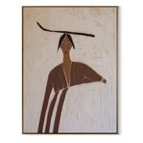 Brown Lines Shelter Ivory - brown robe woman by Marcus Lau, Retro Modern vertical wall art – wood frame on white background