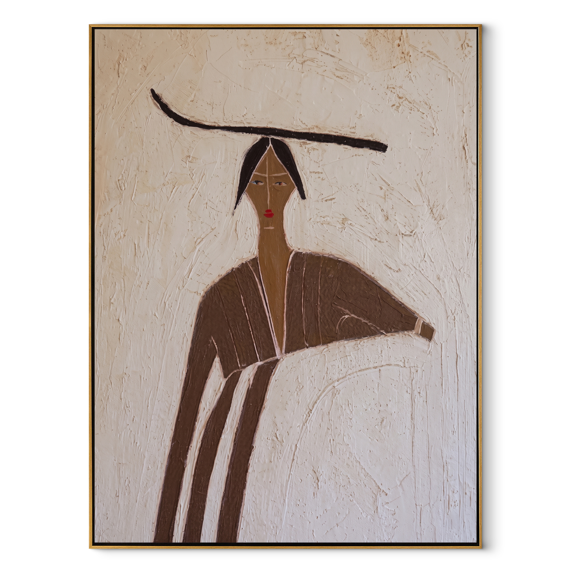 Brown Lines Shelter Ivory - brown robe woman by Marcus Lau, Retro Modern vertical wall art – wood frame on white background