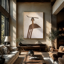 Brown Lines Shelter Ivory - brown robe woman by Marcus Lau, Retro Modern vertical wall art – styled room scene view 2