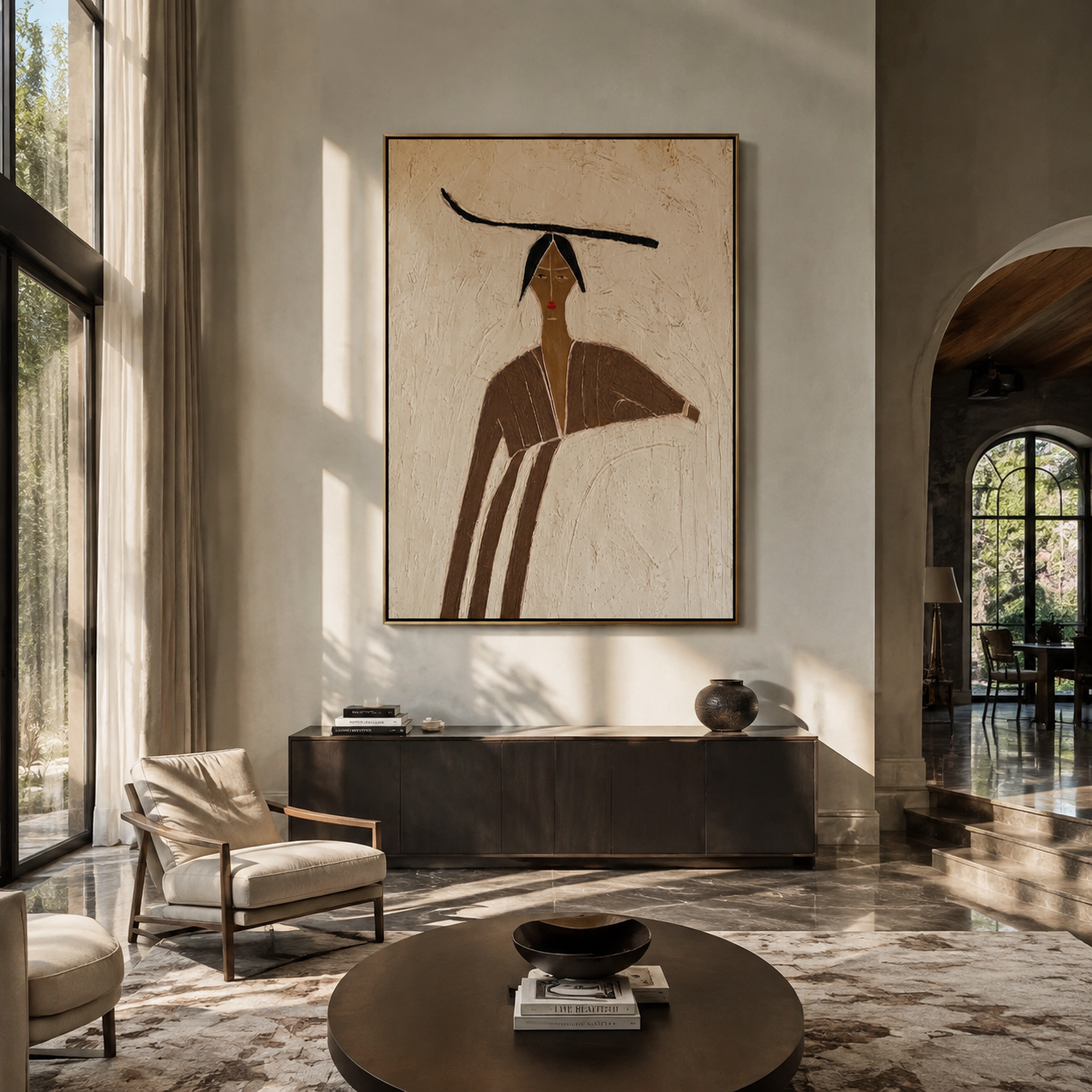Brown Lines Shelter Ivory - brown robe woman by Marcus Lau, Retro Modern vertical wall art – styled room scene view 3