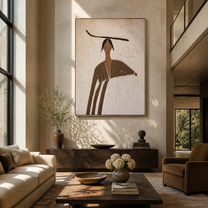 Brown Lines Shelter Ivory - brown robe woman by Marcus Lau, Retro Modern vertical wall art – styled room scene view 4