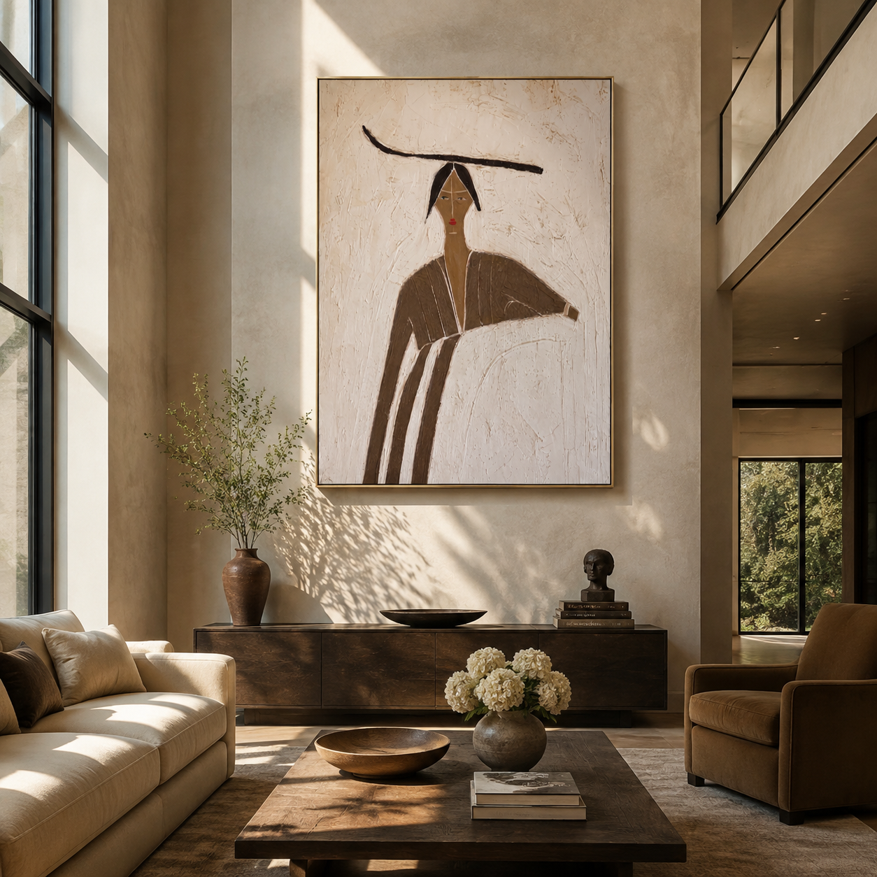 Brown Lines Shelter Ivory - brown robe woman by Marcus Lau, Retro Modern vertical wall art – styled room scene view 4