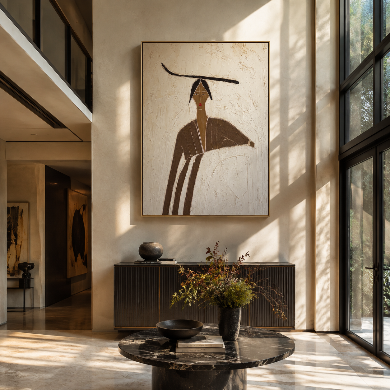 Brown Lines Shelter Ivory - brown robe woman by Marcus Lau, Retro Modern vertical wall art – styled room scene view 5