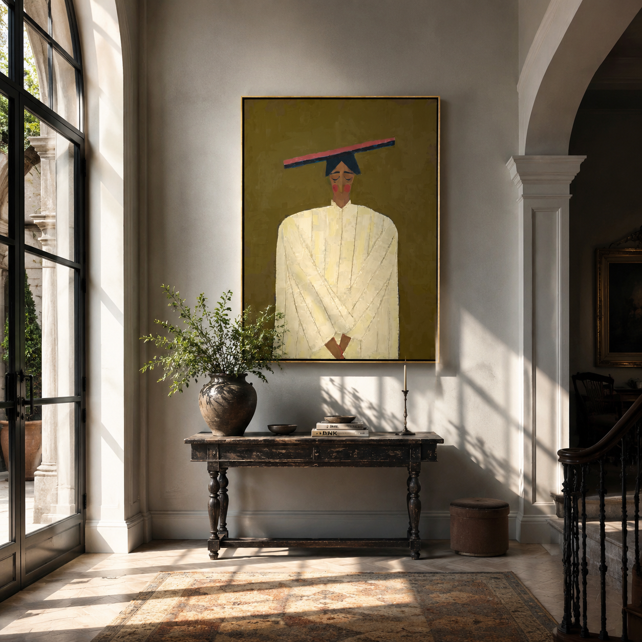 Olive Silence Folds Pale - pale robe woman by Marcus Lau, Retro Modern vertical wall art – styled room scene view 1