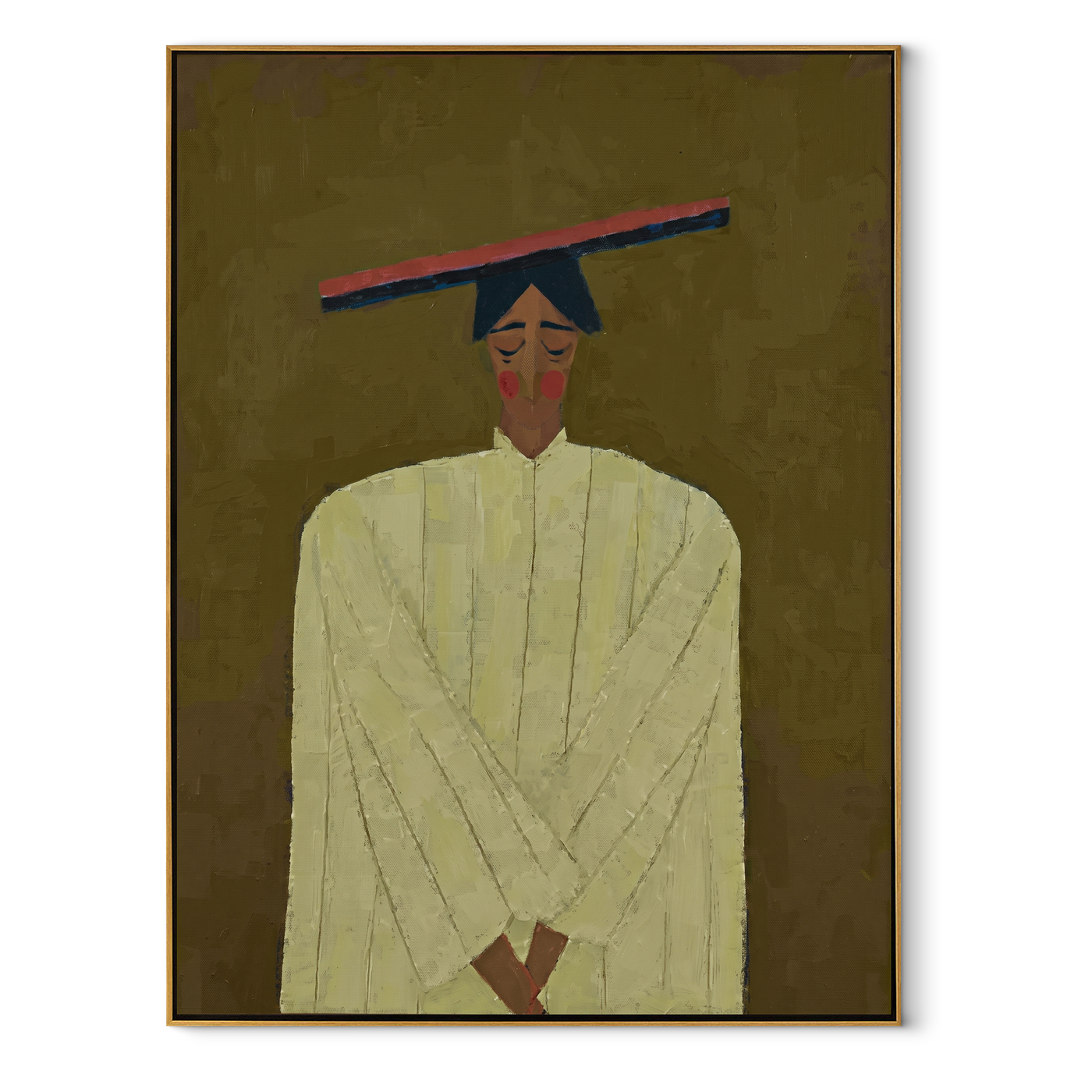 Olive Silence Folds Pale - pale robe woman by Marcus Lau, Retro Modern vertical wall art – wood frame on white background