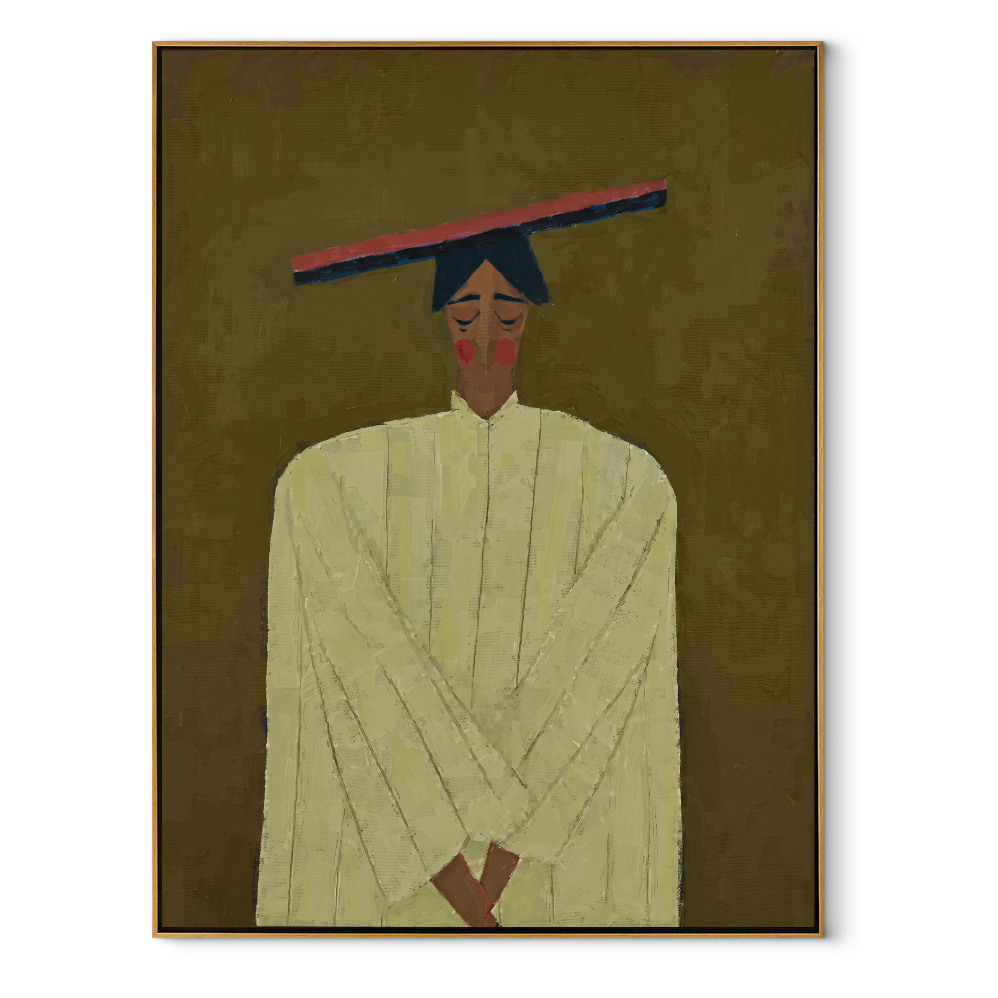 Olive Silence Folds Pale - pale robe woman by Marcus Lau, Retro Modern vertical wall art – wood frame on white background