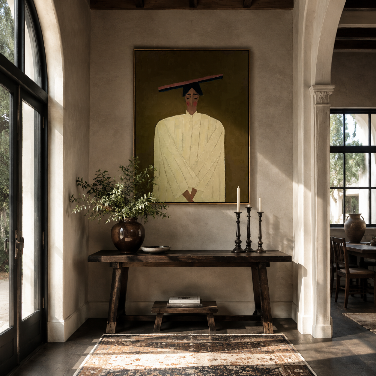Olive Silence Folds Pale - pale robe woman by Marcus Lau, Retro Modern vertical wall art – styled room scene view 2