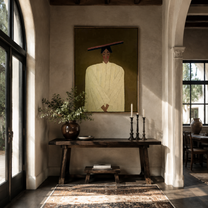 Olive Silence Folds Pale - pale robe woman by Marcus Lau, Retro Modern vertical wall art – styled room scene view 2