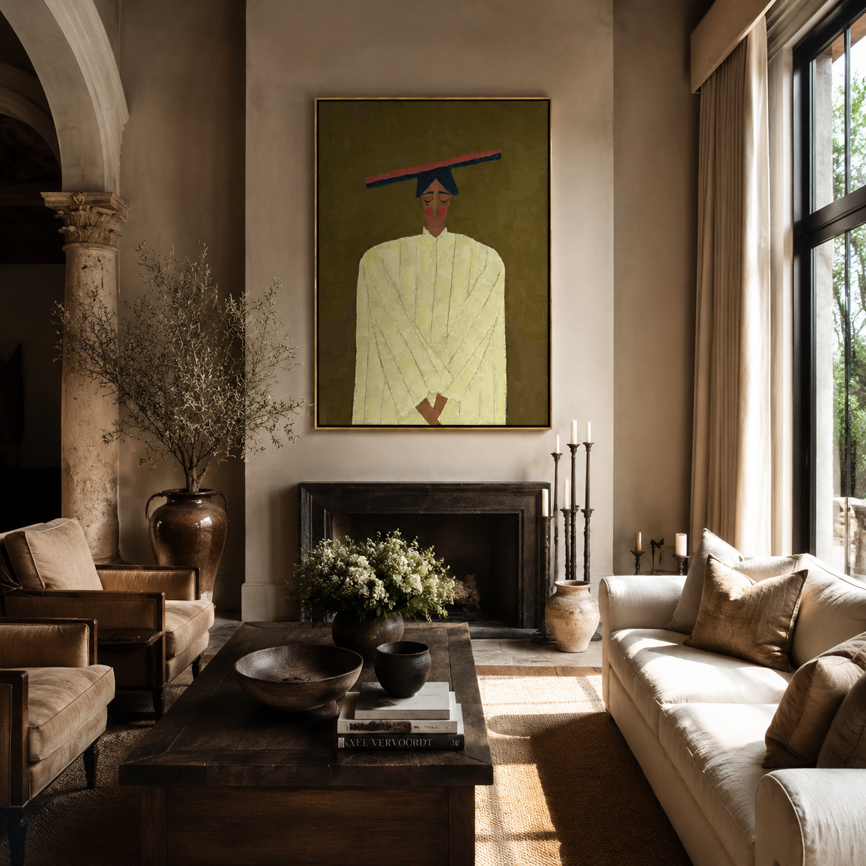 Olive Silence Folds Pale - pale robe woman by Marcus Lau, Retro Modern vertical wall art – styled room scene view 3