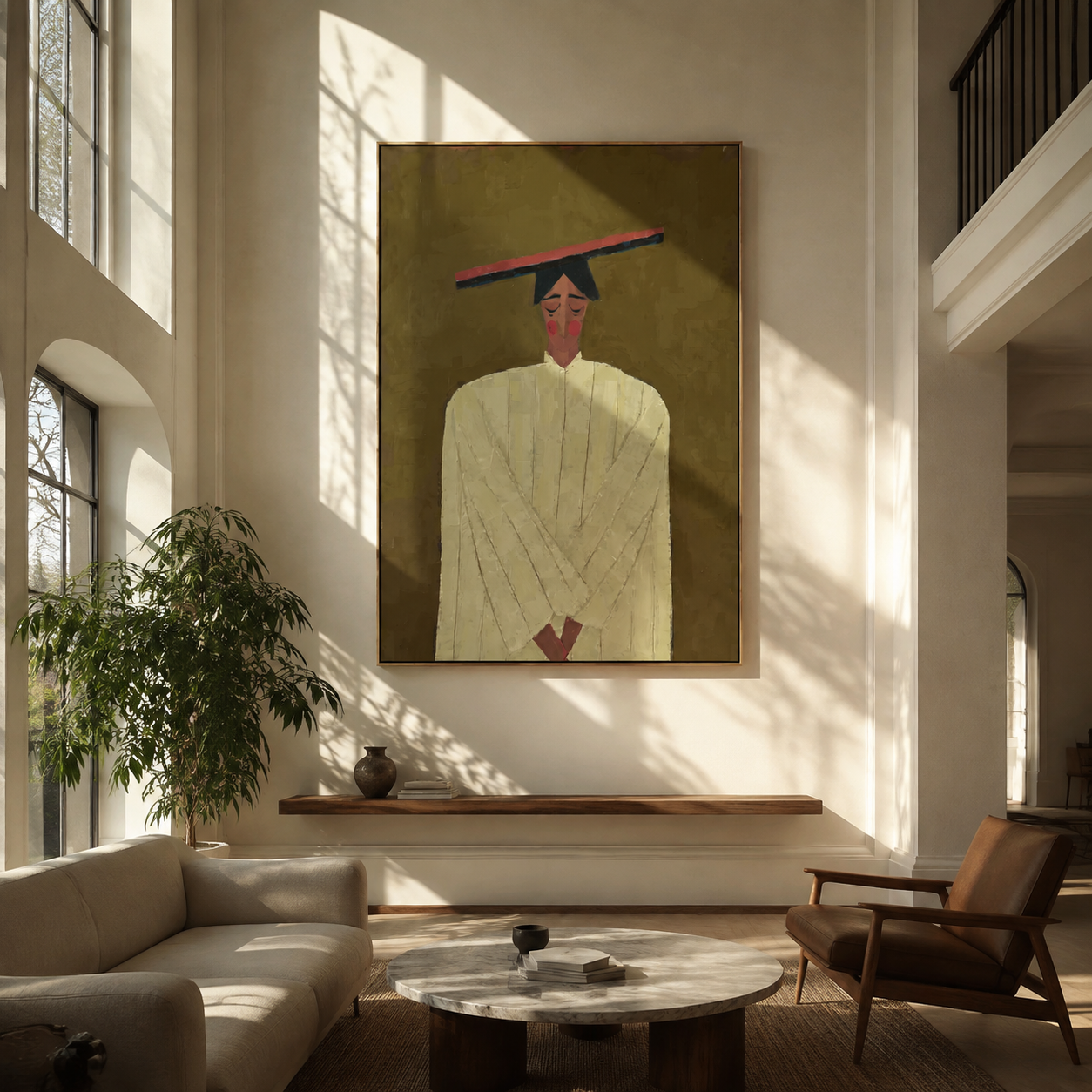 Olive Silence Folds Pale - pale robe woman by Marcus Lau, Retro Modern vertical wall art – styled room scene view 4