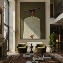 Olive Silence Folds Pale - pale robe woman by Marcus Lau, Retro Modern vertical wall art – styled room scene view 5