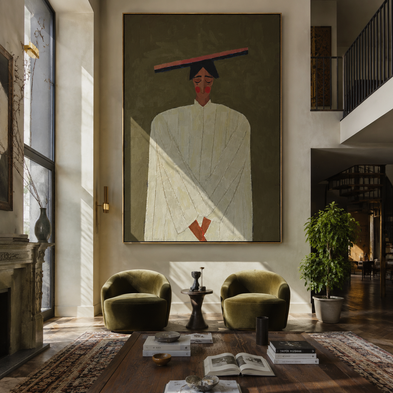 Olive Silence Folds Pale - pale robe woman by Marcus Lau, Retro Modern vertical wall art – styled room scene view 5