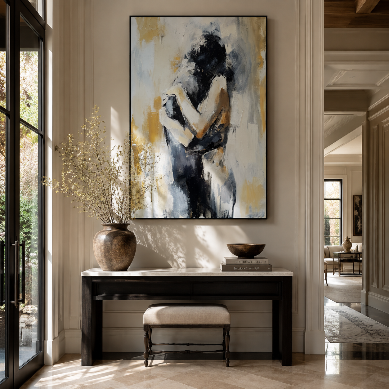 Black Hair Holds Ivory - abstract couple embrace by Marcus Lau, Retro Modern vertical wall art – styled room scene view 1