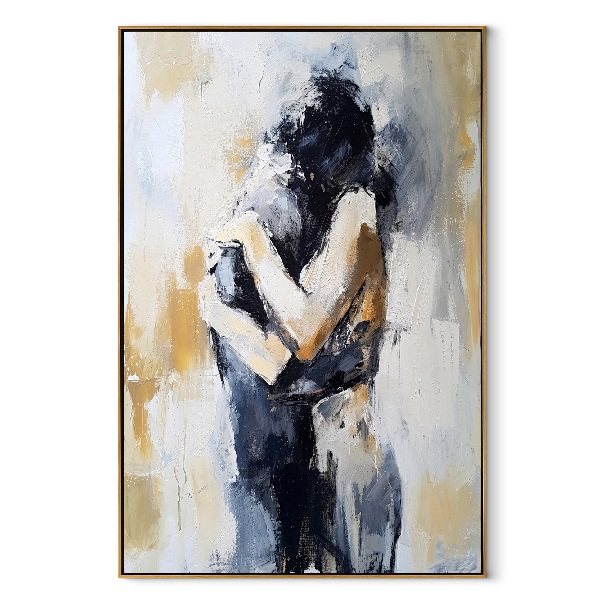 Black Hair Holds Ivory - abstract couple embrace by Marcus Lau, Retro Modern vertical wall art – wood frame on white background