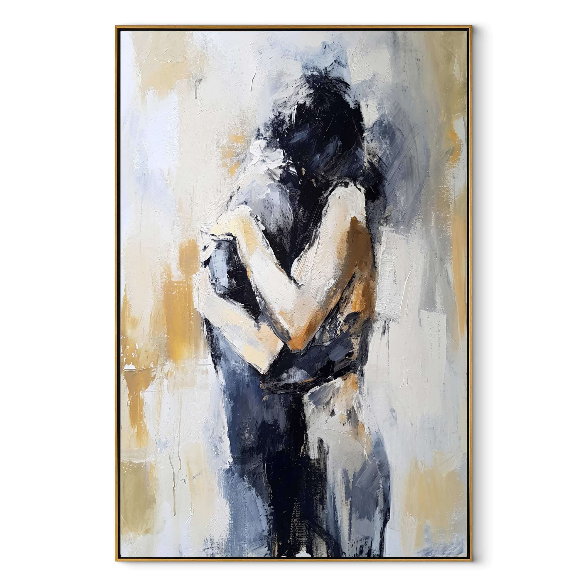 Black Hair Holds Ivory - abstract couple embrace by Marcus Lau, Retro Modern vertical wall art – wood frame on white background