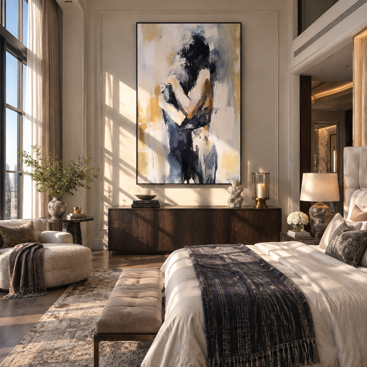 Black Hair Holds Ivory - abstract couple embrace by Marcus Lau, Retro Modern vertical wall art – styled room scene view 2