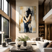 Black Hair Holds Ivory - abstract couple embrace by Marcus Lau, Retro Modern vertical wall art – styled room scene view 3