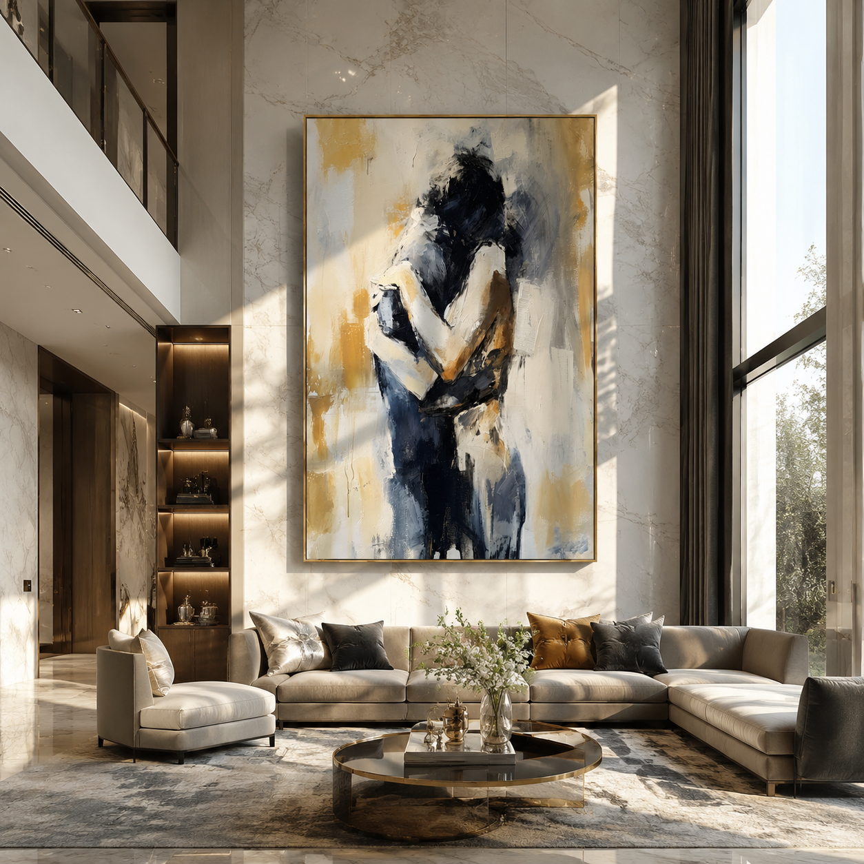 Black Hair Holds Ivory - abstract couple embrace by Marcus Lau, Retro Modern vertical wall art – styled room scene view 4