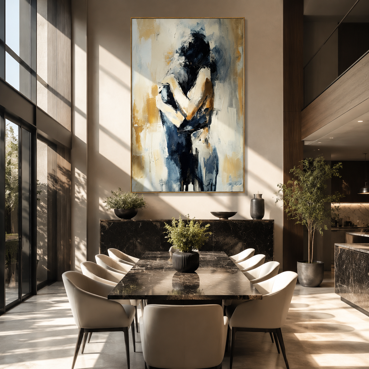 Black Hair Holds Ivory - abstract couple embrace by Marcus Lau, Retro Modern vertical wall art – styled room scene view 5