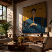 Blue Sleeves Rest Mustard - blue robe seated woman by Marcus Lau, Retro Modern square wall art – styled room scene view 1