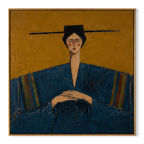 Blue Sleeves Rest Mustard - blue robe seated woman by Marcus Lau, Retro Modern square wall art – wood frame on white background